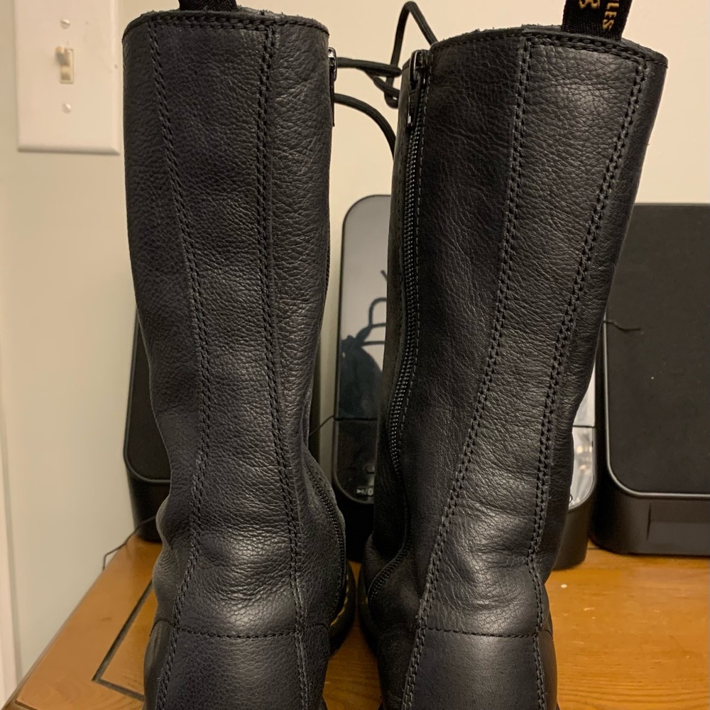 Dr. Martens Black Leather Lace-Up Combat Boots with Yellow Stitching - Picture 3 of 6